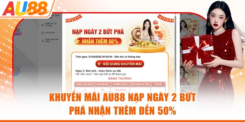 Khuyến mãi AU88 nạp ngày 2 bứt phá nhận thêm đến 50%